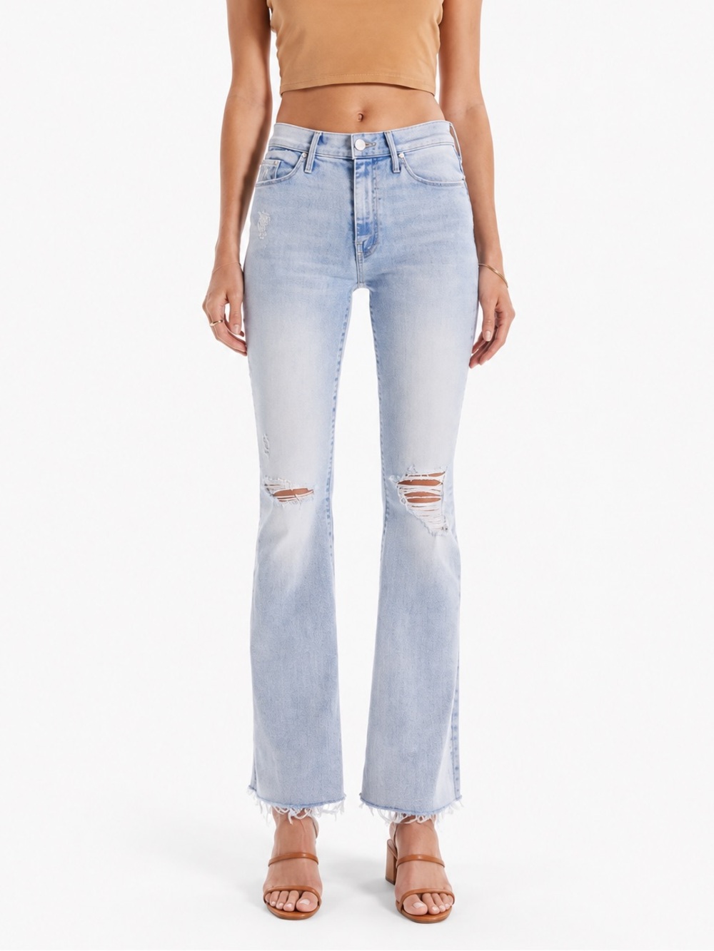 Mother The Weekender Fray Flare Jeans 29 Light Blue Stretch Denim Distressed